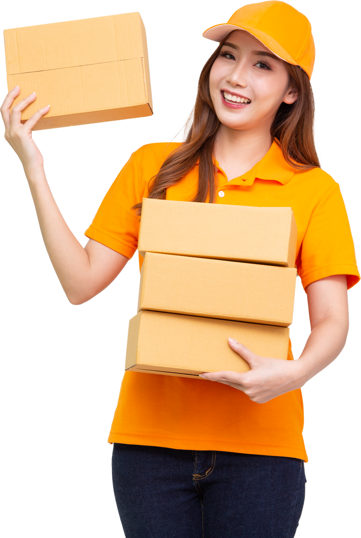 Delivery Woman Holding Parcel Boxes Isolated on White